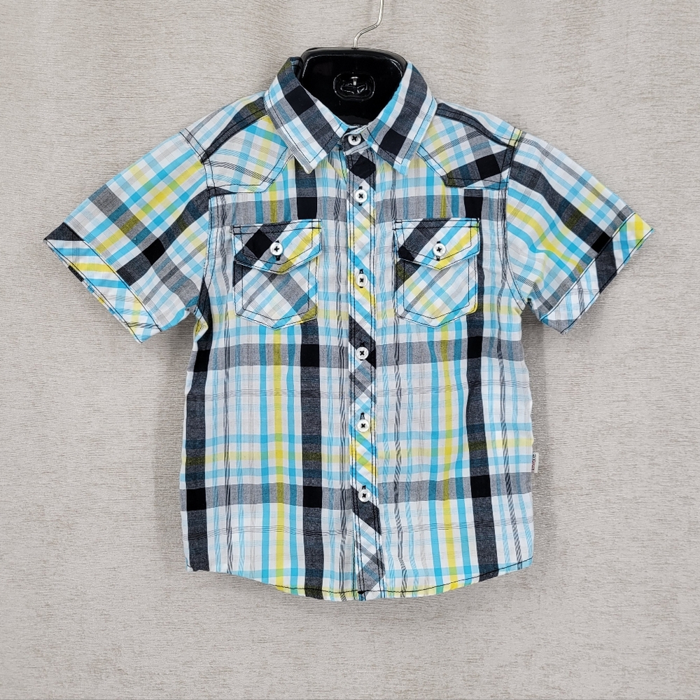 Torque Boys Short Sleeve Plaid Shirt – Blue, Yellow & Black Western